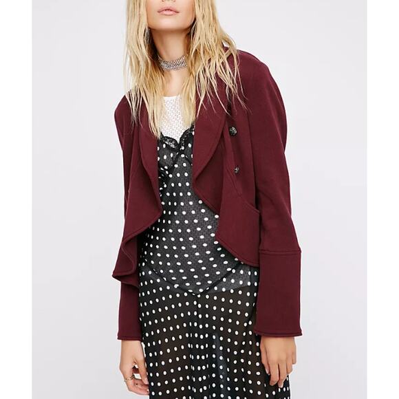 Free People Flared and Femme Jacket Crop Ruffled Open Front  Burgundy Womens S - Picture 1 of 8